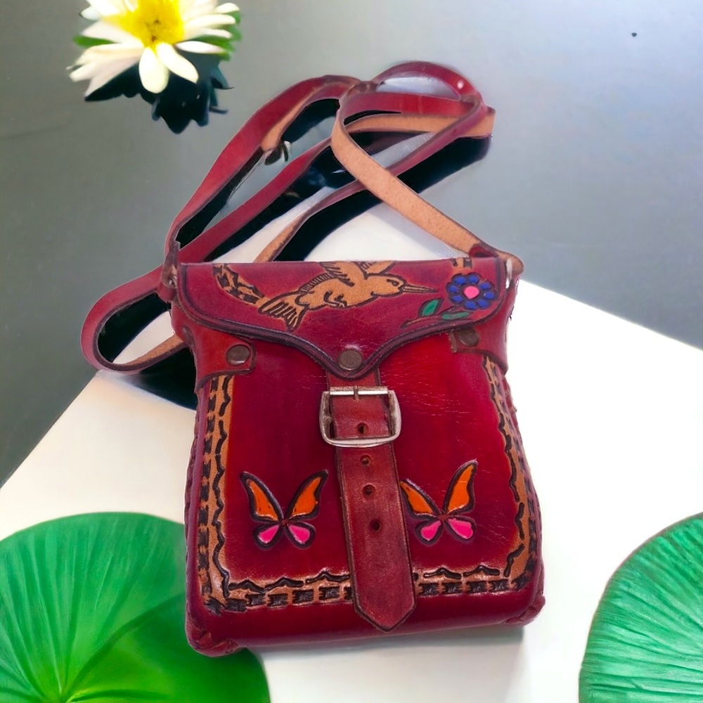VTG 70s Hand Tooled Leather Butterfly Bird Mini Crossbody Purse Boho